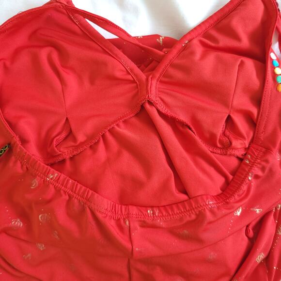 Coogi Maxi Dress Red Slinky Halter Neck Logo Spellout Gold Women - Picture 10 of 16